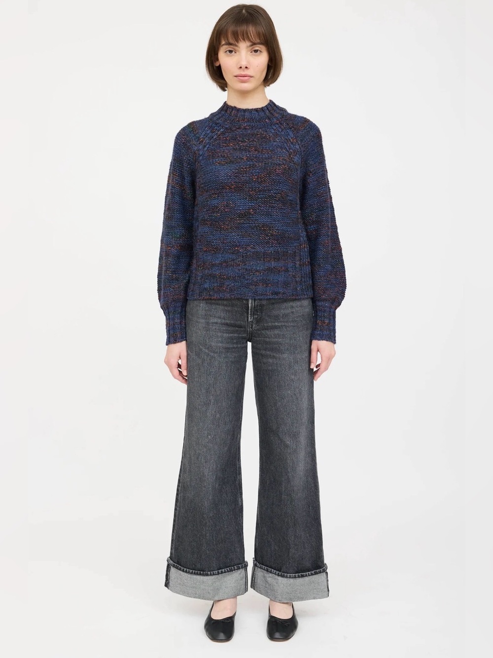 Veronica Beard Marled Wool Blend Mock Neck Chunky Knit Sweater Blue Medium